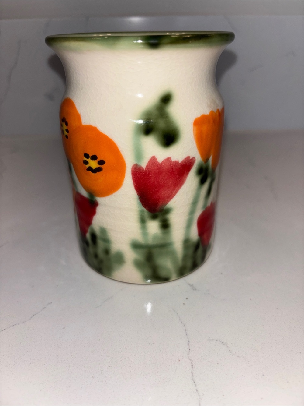 Handmade hand Painted Floral Ceramic Vase - Cream with Orange & Red Flowers